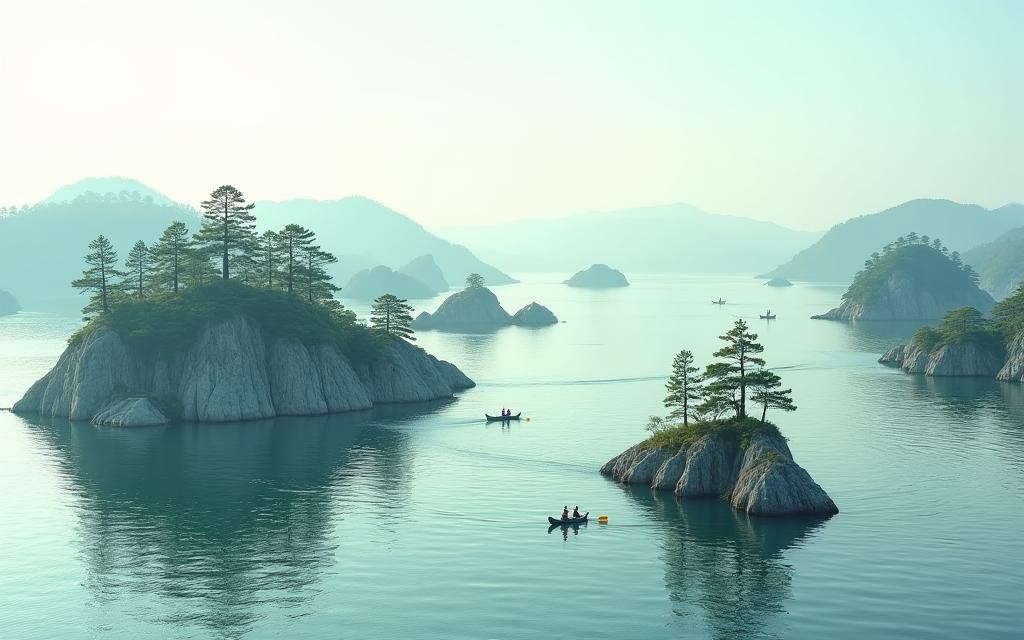 松島の景勝地をカヤックで巡る人々