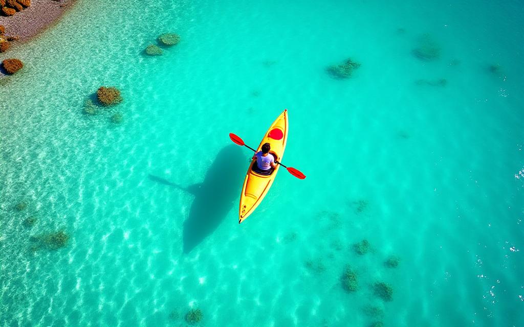 沖縄の透明な海でカヤックを楽しむ人々