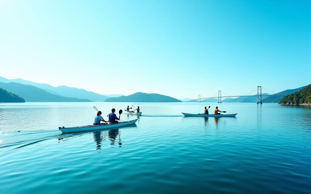 しまなみ海道をカヤックで航行する人々