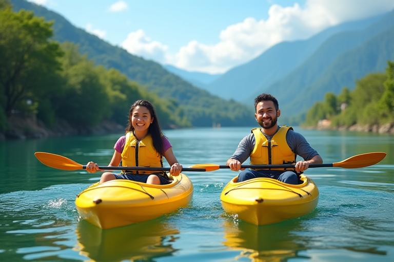 Kawa Adventuresの創設者たちが日本の美しい川でカヤックを楽しんでいる様子